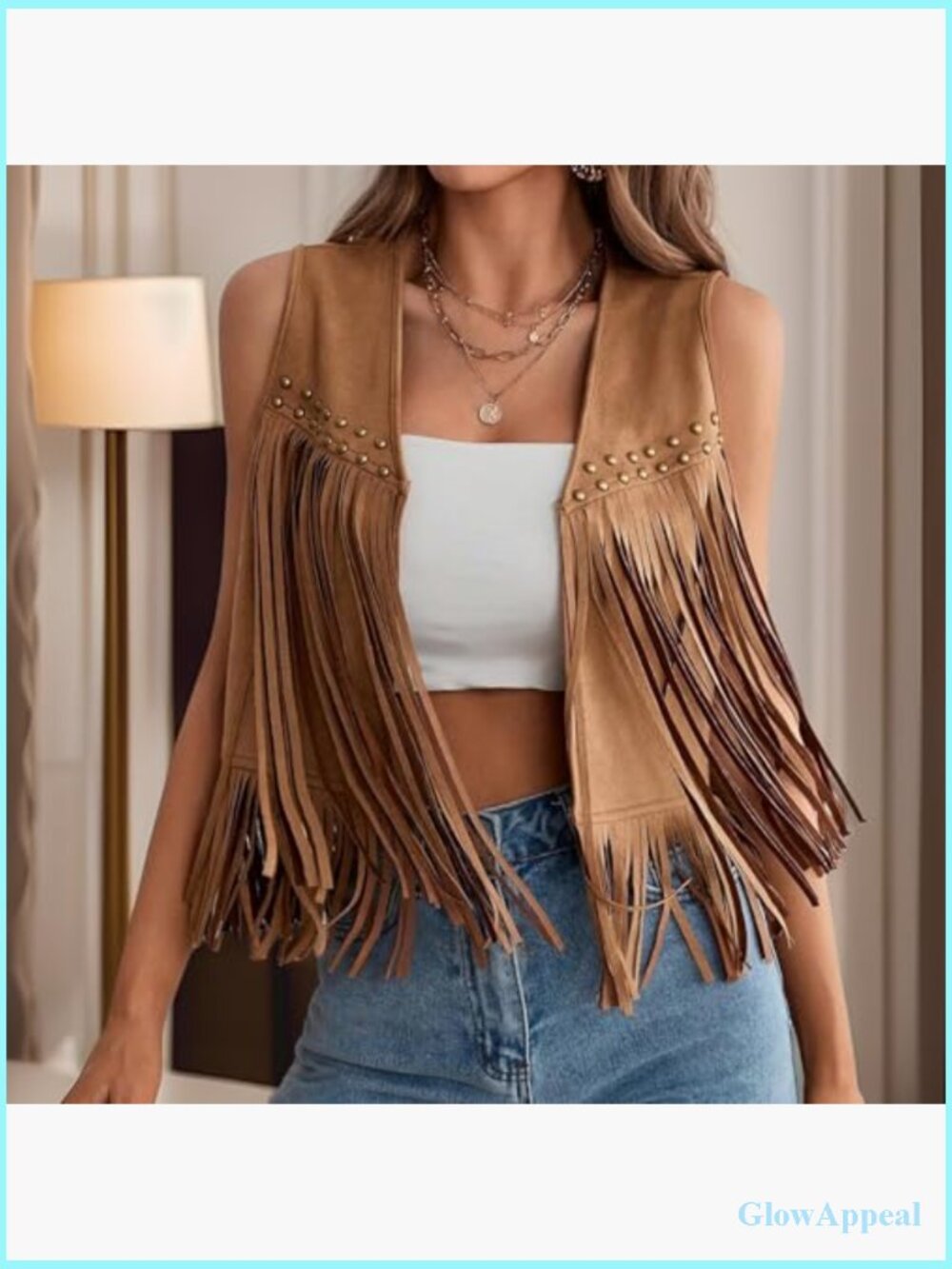 Sleeveless Fringe Vest with Studs Hippie Western 70s Streetwear Outerwear - Picture 4 of 6